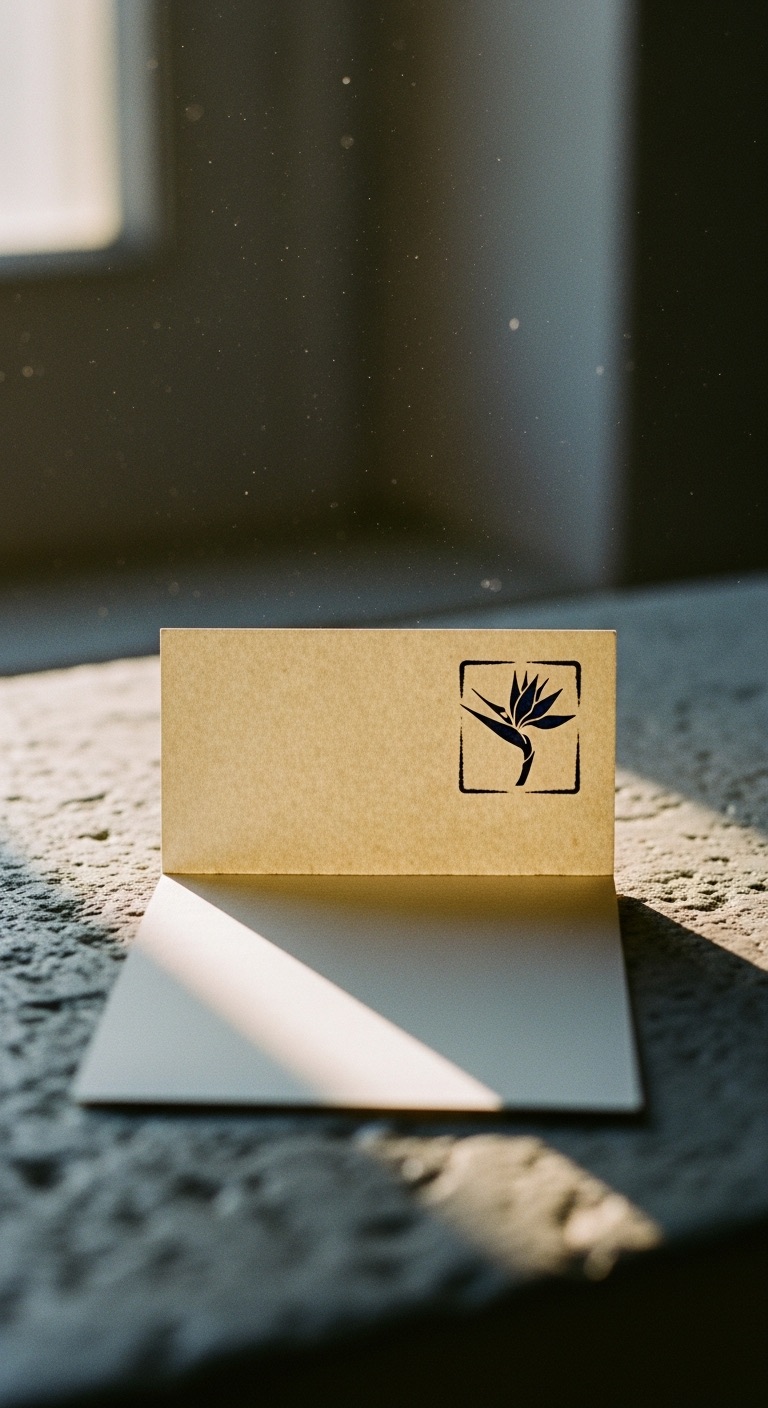 Imprint — a cream brochure on stone with a small embossed bird-of-paradise