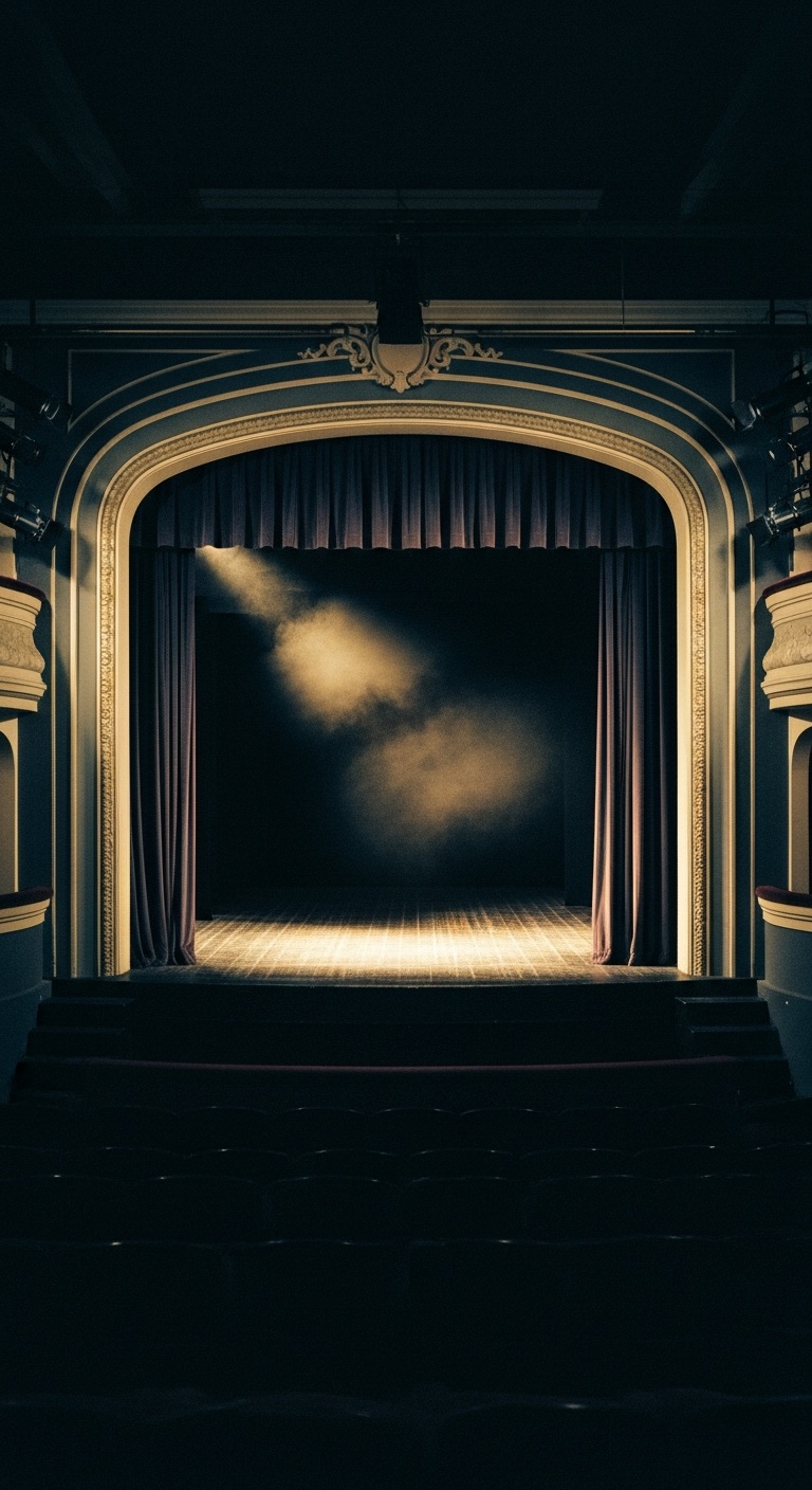 Stage — empty proscenium with a single warm spotlight under deep velvet curtains