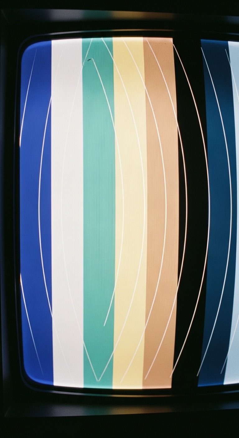 Signal — a CRT screen showing colour bars in Maldivian indigo, cream and lagoon teal