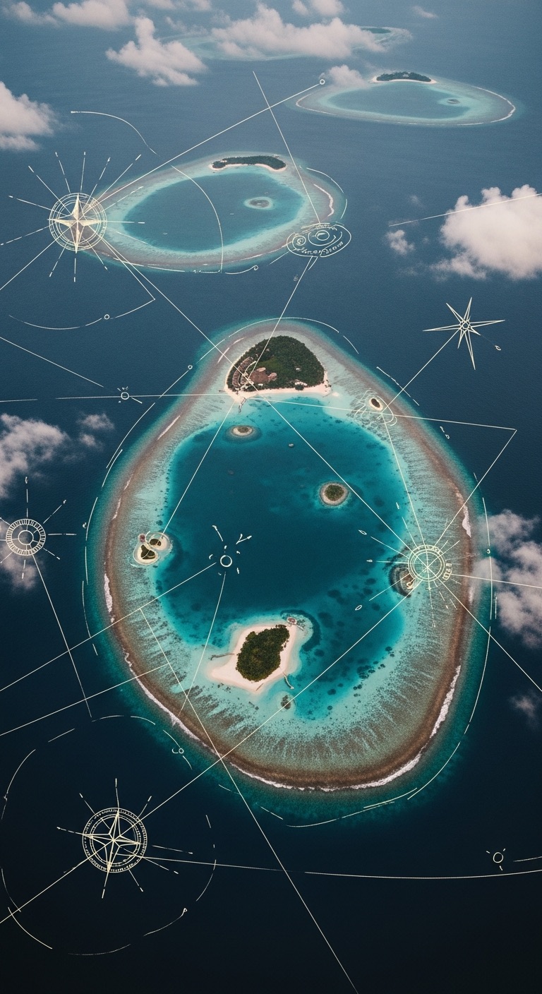 Network — atoll cluster overlaid with cartographic constellation lines in cream