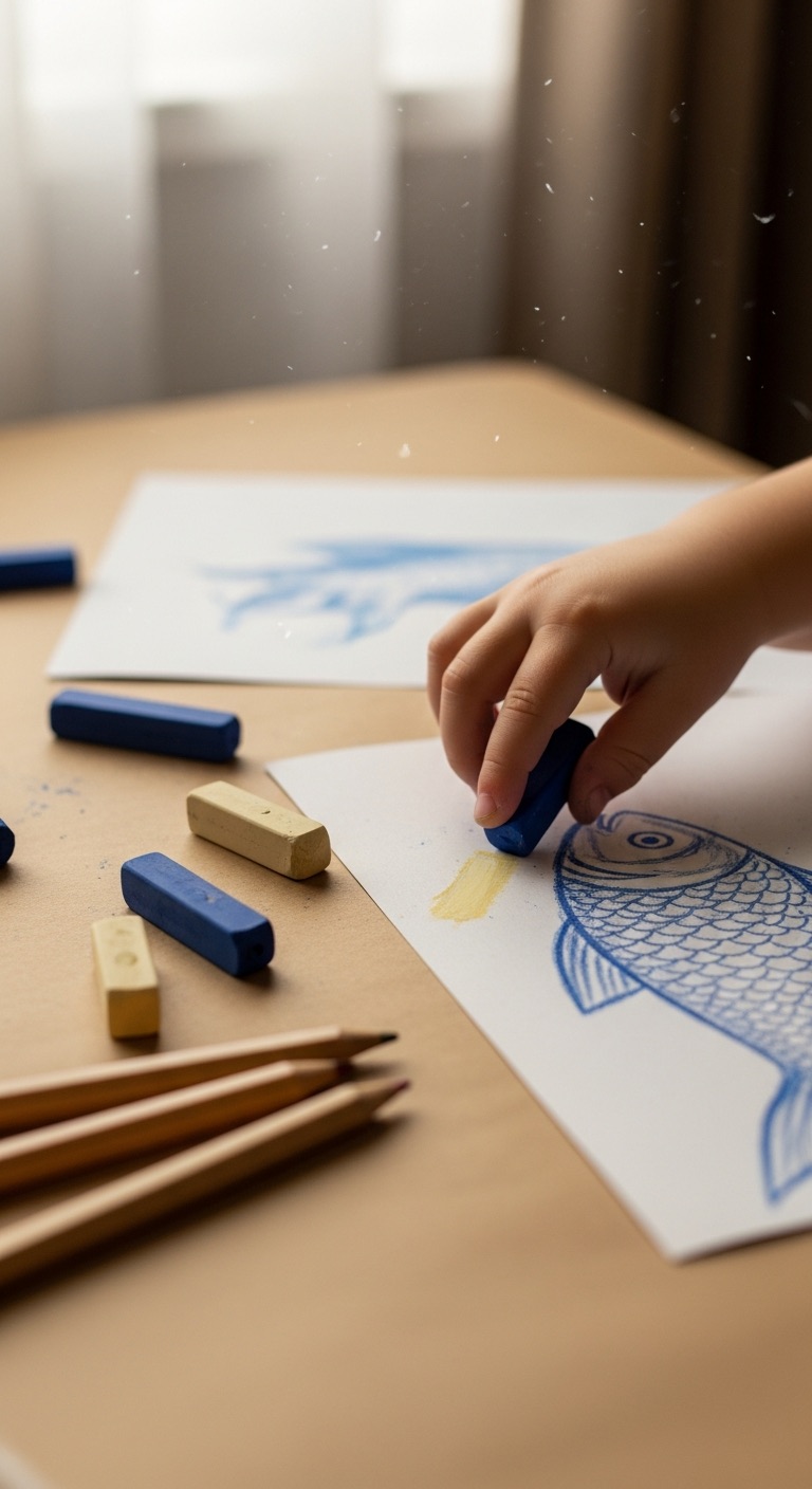 Generative — a child's hand drawing a fish on kraft paper with chalk pastels in indigo and cream