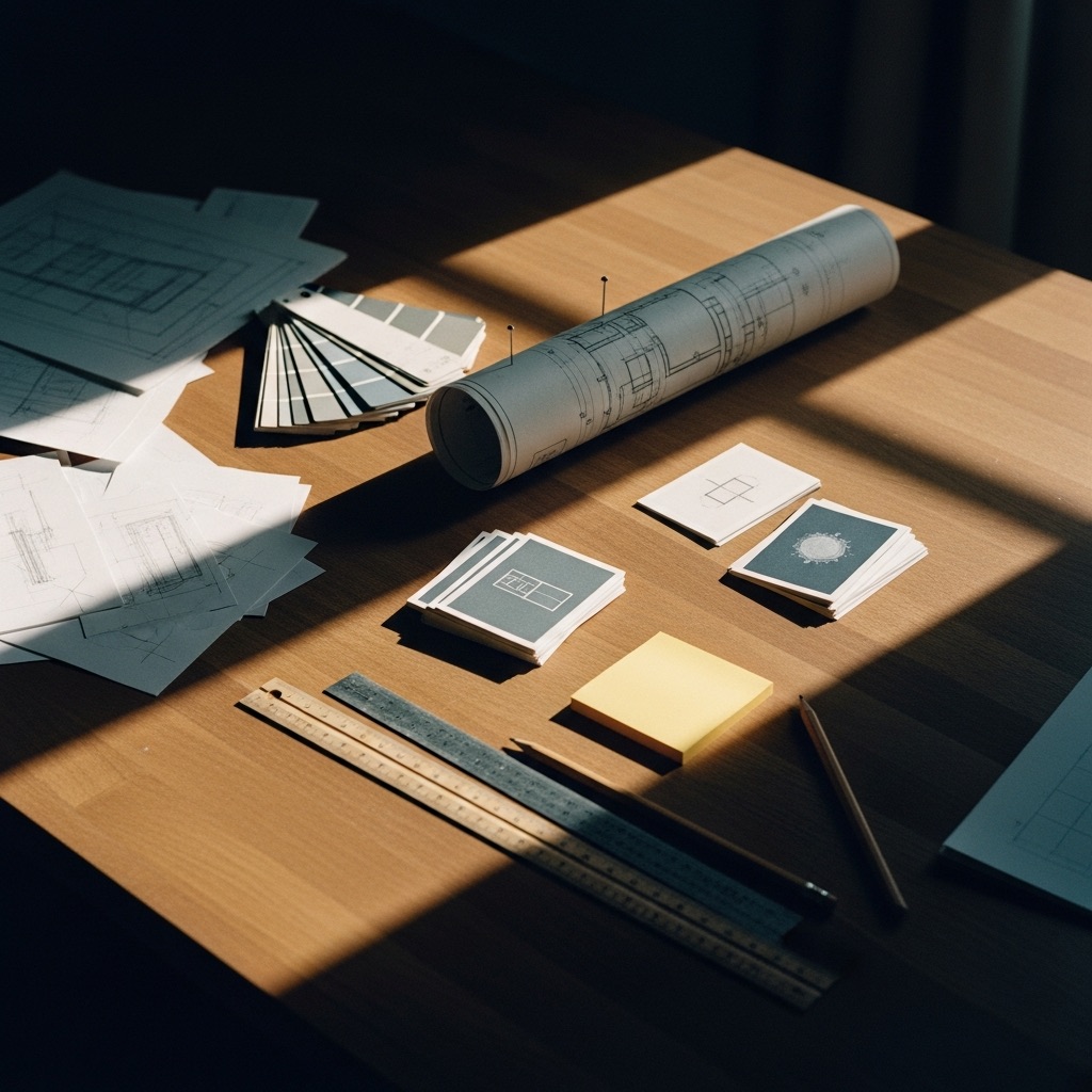 Studio — overhead view of a designer's workbench at dawn with sketches, swatch chips, blueprints and a sun-yellow sticky note